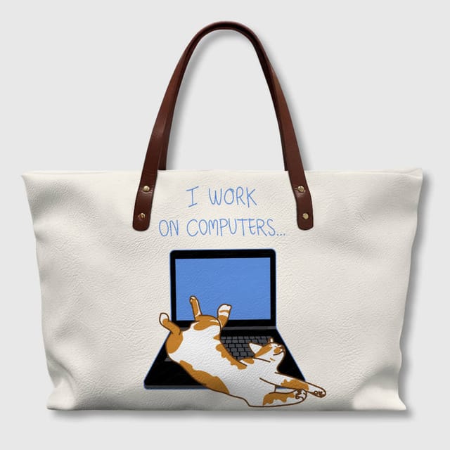 Funny Cat Quote PU Leather Tote Bag for Pet Lovers Gift