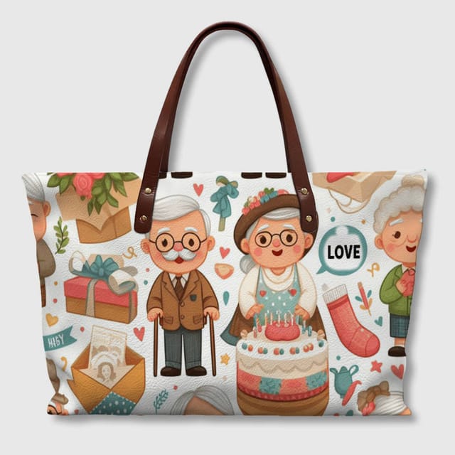 Cute Elderly Couple Print Tote Bag for Grandparents Daily Use