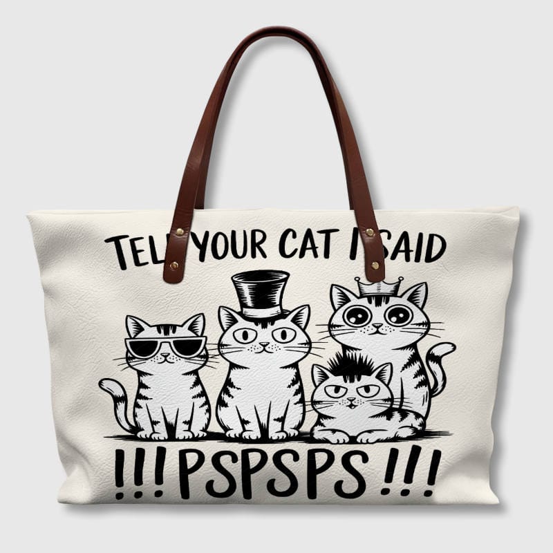 Funny Cat Quote PU Leather Tote Bag for Cat Lovers Daily Use