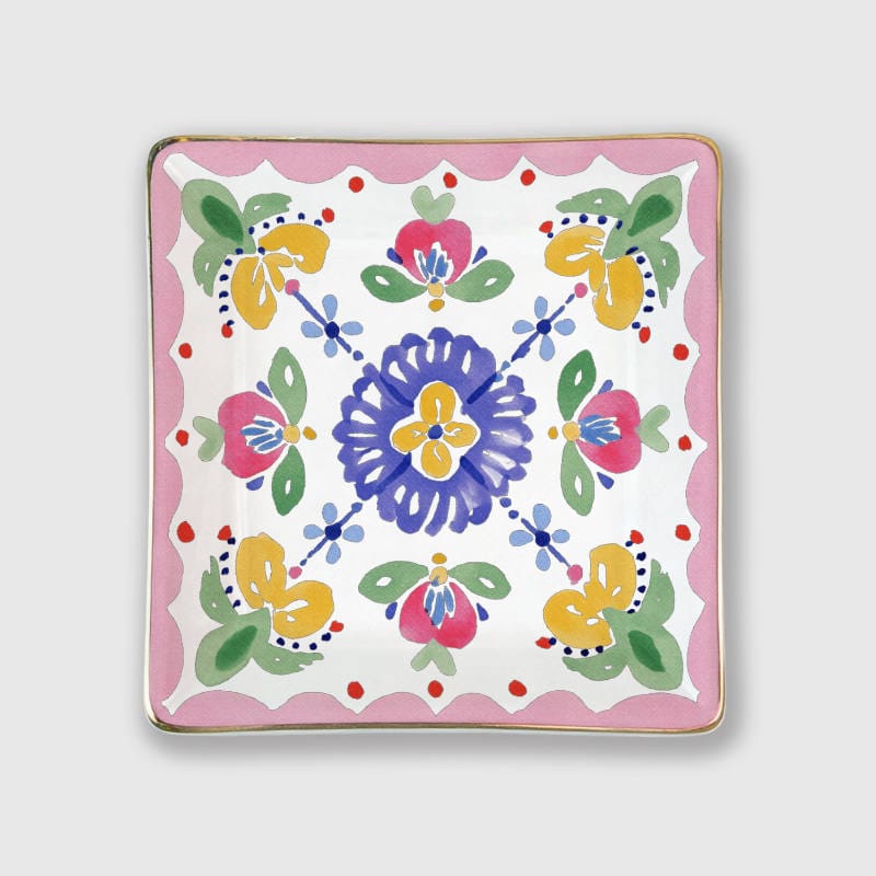 Colorful Folk Floral Square Ceramic Trinket Tray for Gifts & Daily Use