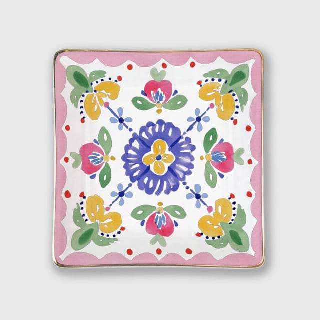 Colorful Folk Floral Square Ceramic Trinket Tray for Gifts & Daily Use