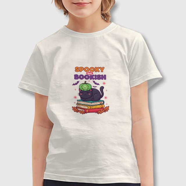 Spooky Bookish Black Cat Kids T-Shirt for Halloween Wear
