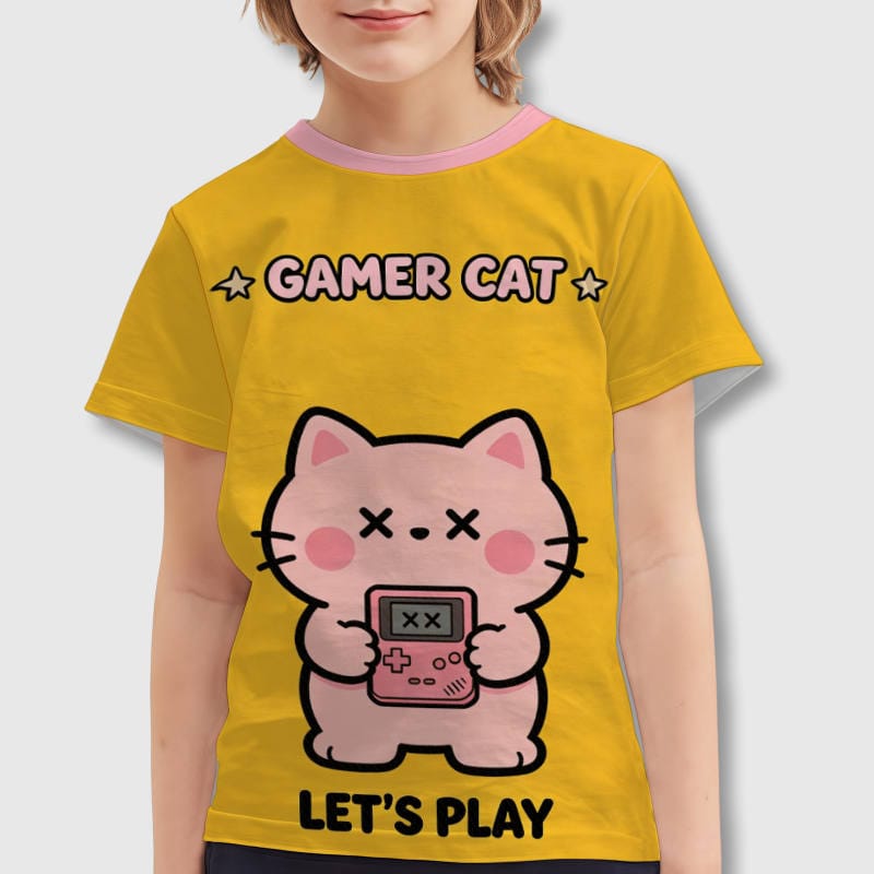 Cute Gamer Cat Kids T-Shirt for Cat Lovers Birthday Gift