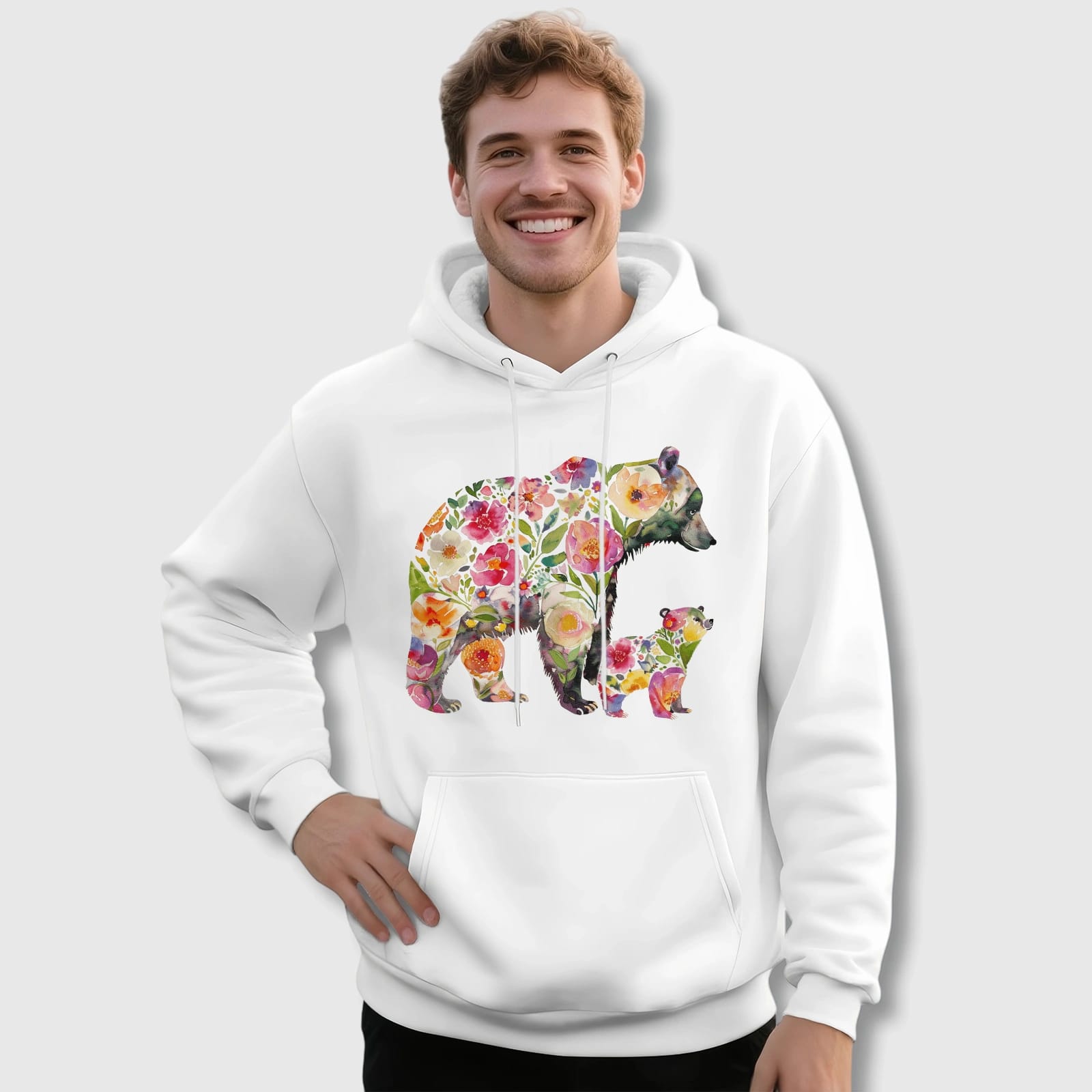 Floral Mama Bear & Cub Pullover Hoodie for Wildlife Lover Gifts