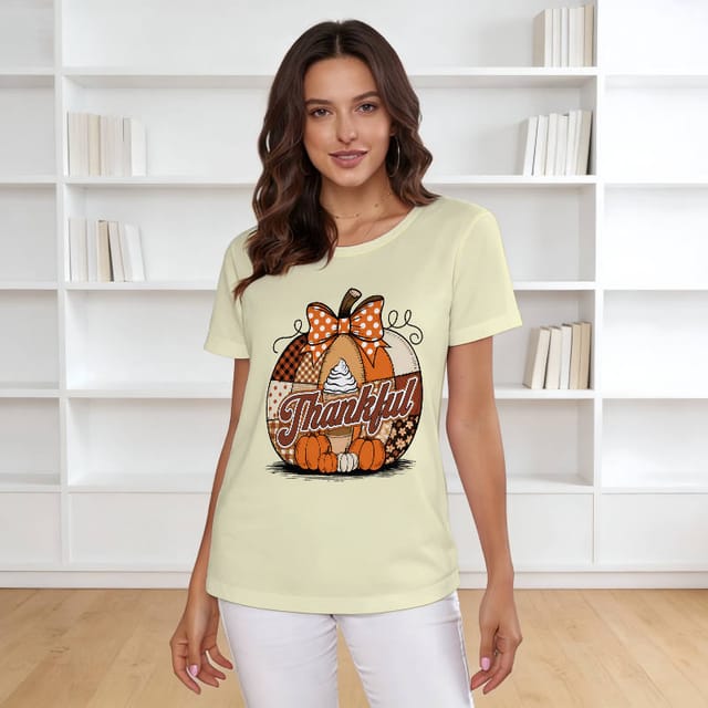 Thankful Patchwork Pumpkin T-Shirt for Women Thanksgiving Wear