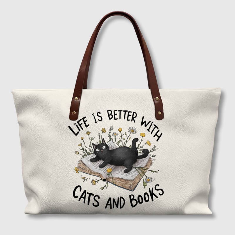 Cat & Book Quote PU Leather Tote Bag for Book Lovers Gift