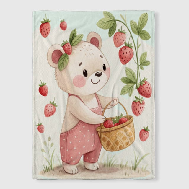 Cute Strawberry Bear Fleece Blanket for Kids Birthday Gift