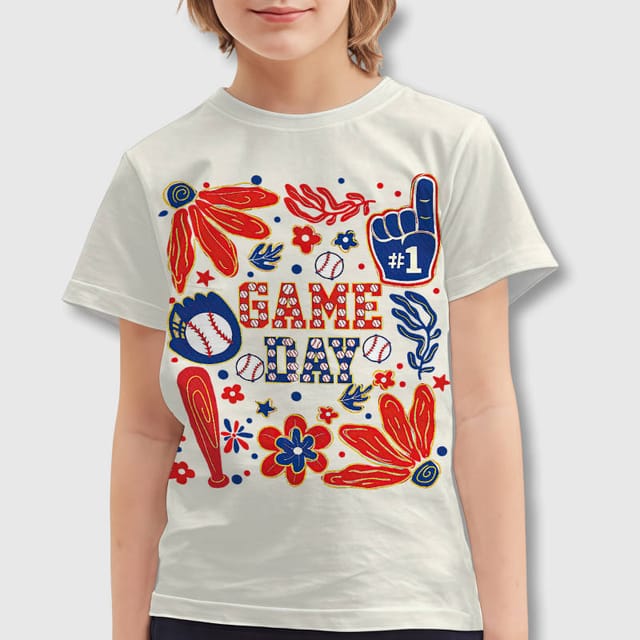 Baseball Game Day Floral Kids T-Shirt for Sports Fans