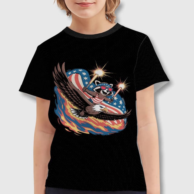 Patriotic Raccoon Eagle Kids Printed T-Shirt for 4th of July
