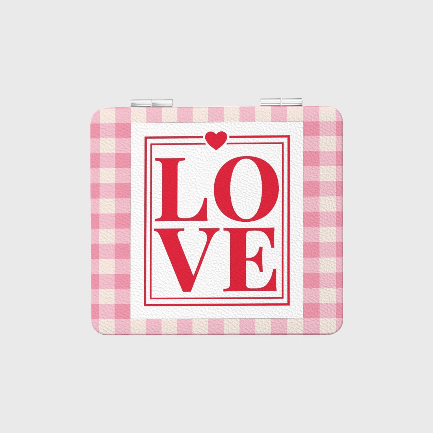 Pink Gingham LOVE Pocket Makeup Mirror for Valentine's Day Gift