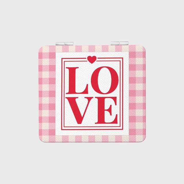 Pink Gingham LOVE Pocket Makeup Mirror for Valentine's Day Gift
