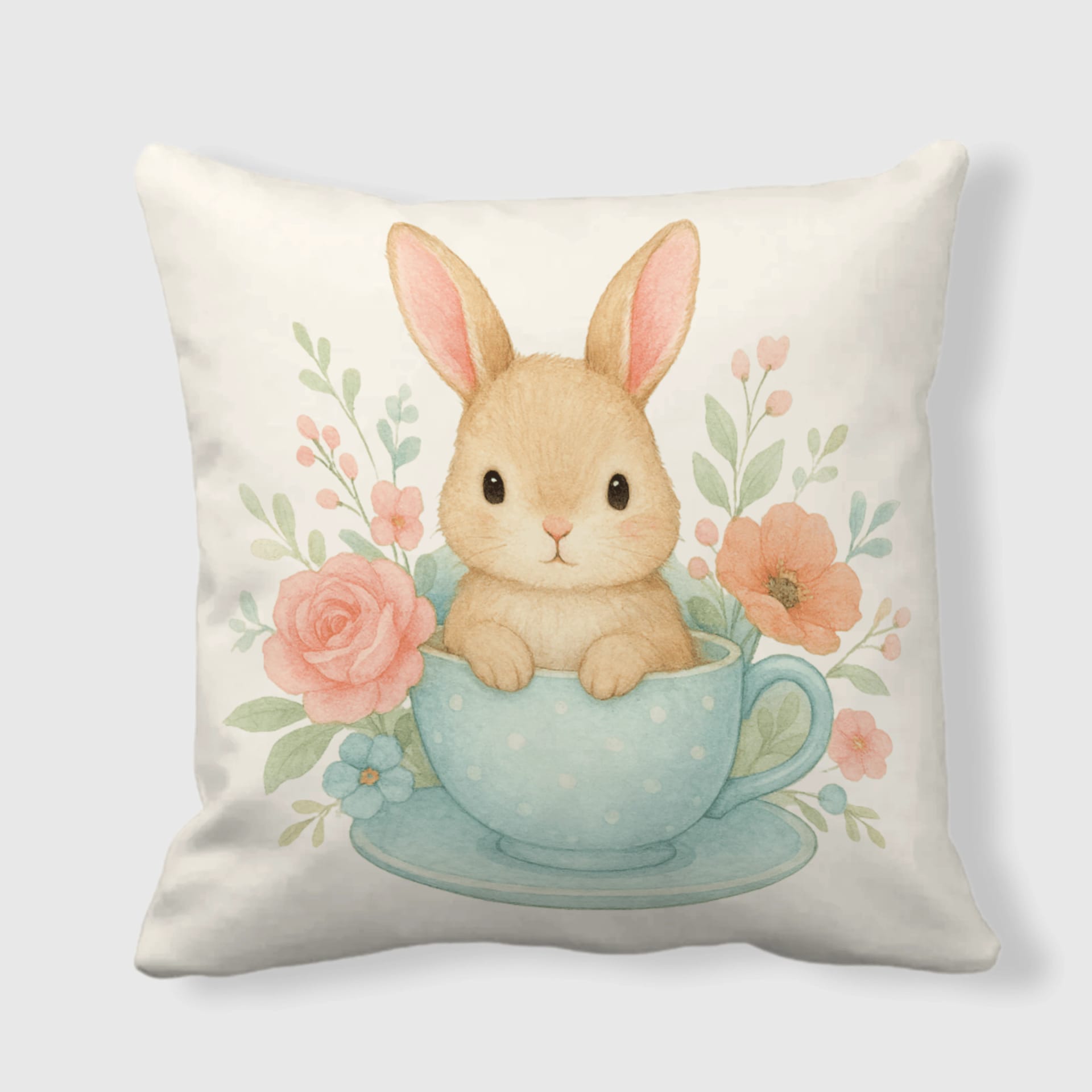 Floral Teacup Bunny Throw Pillow for Pet Lovers Gift