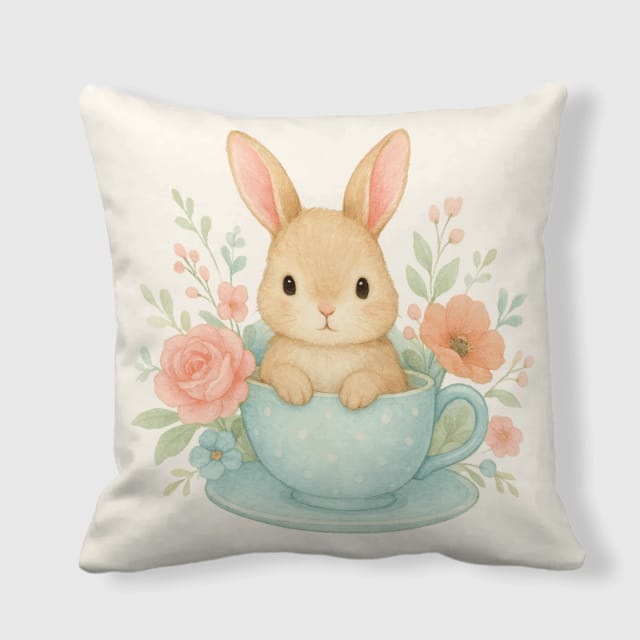 Floral Teacup Bunny Throw Pillow for Pet Lovers Gift