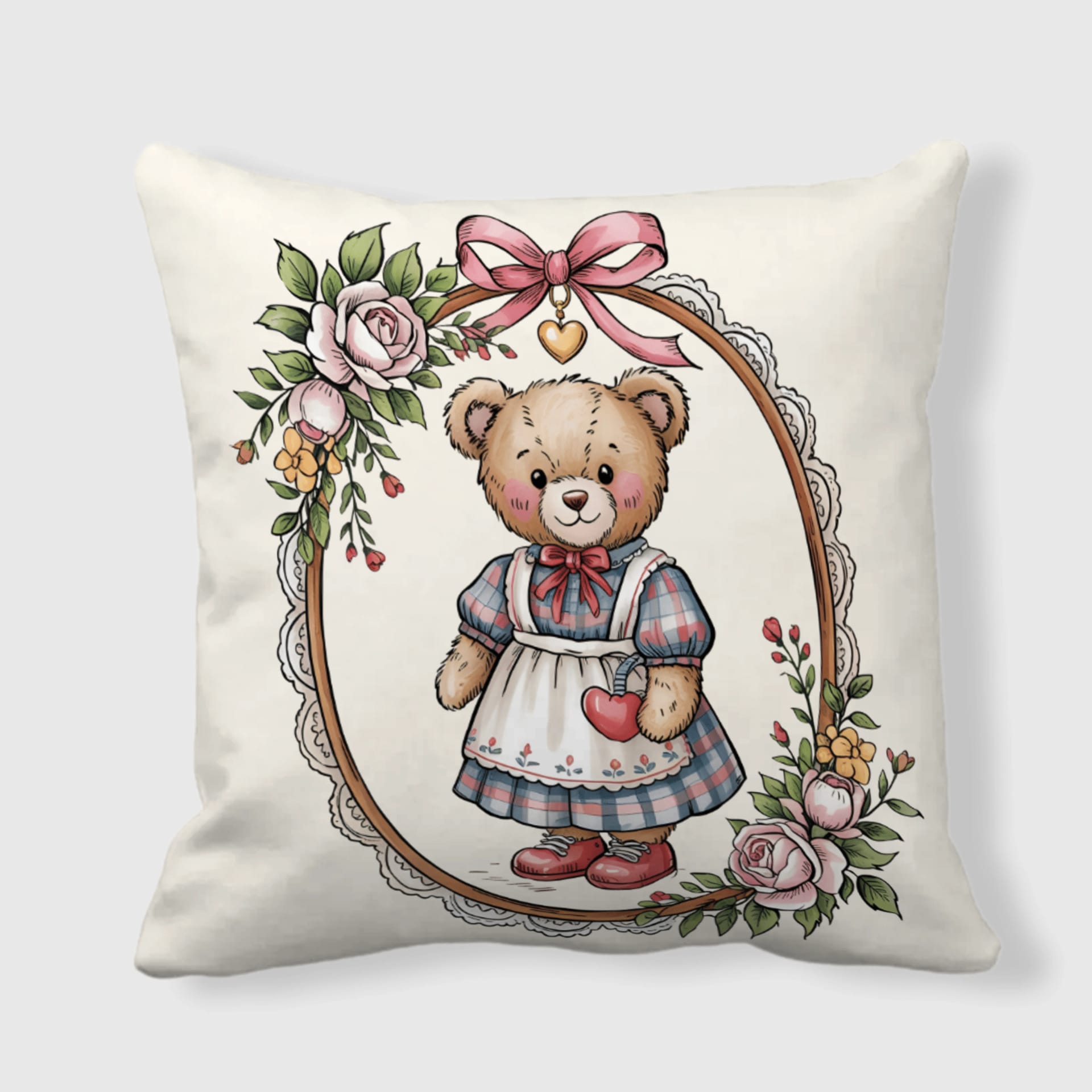 Vintage Floral Teddy Bear Throw Pillow for Valentine's Day Gifts