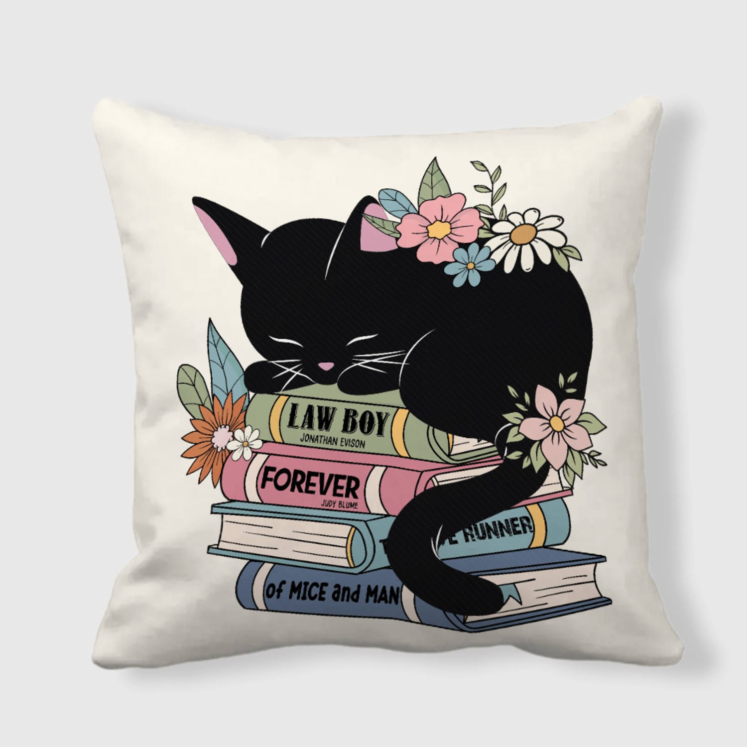 Floral Black Cat Throw Pillow for Book Lovers Home Decor Gift