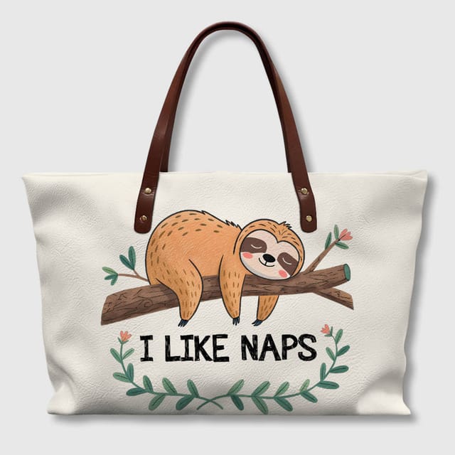 Funny Sloth Quote PU Leather Tote Bag for Nap Lovers Daily Use