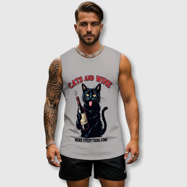 Funny Black Cat Wine Tank Top for Men Gym Daily Use