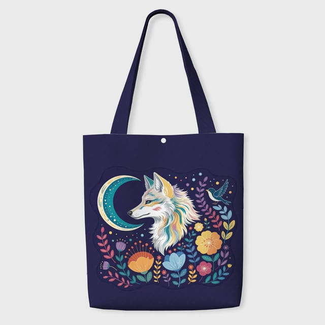 Boho Floral Moon Wolf Tote Bag for Pet Lovers Daily Use