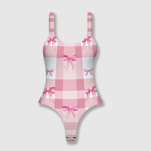 Pink Gingham Bow Thong One-Piece Swimsuit for Women Beach Vacation