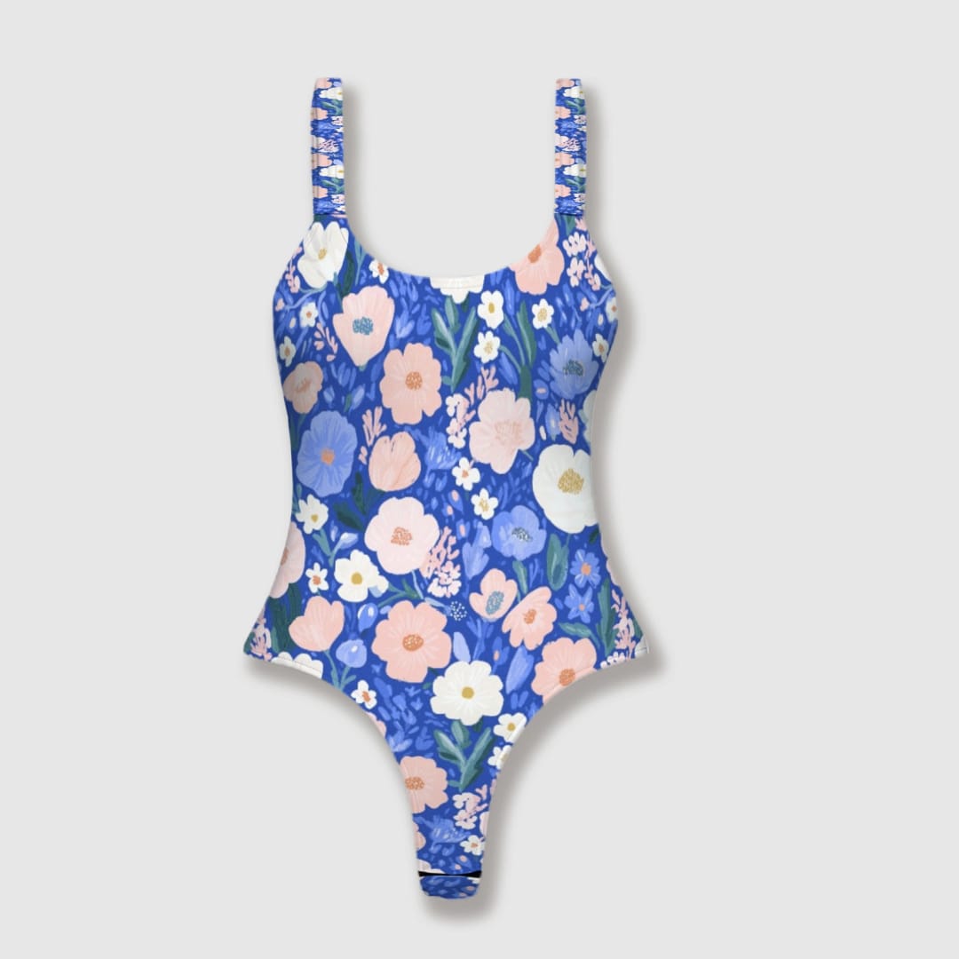 Blue Floral One Piece Swimsuit for Women Summer Beach Wear - 1