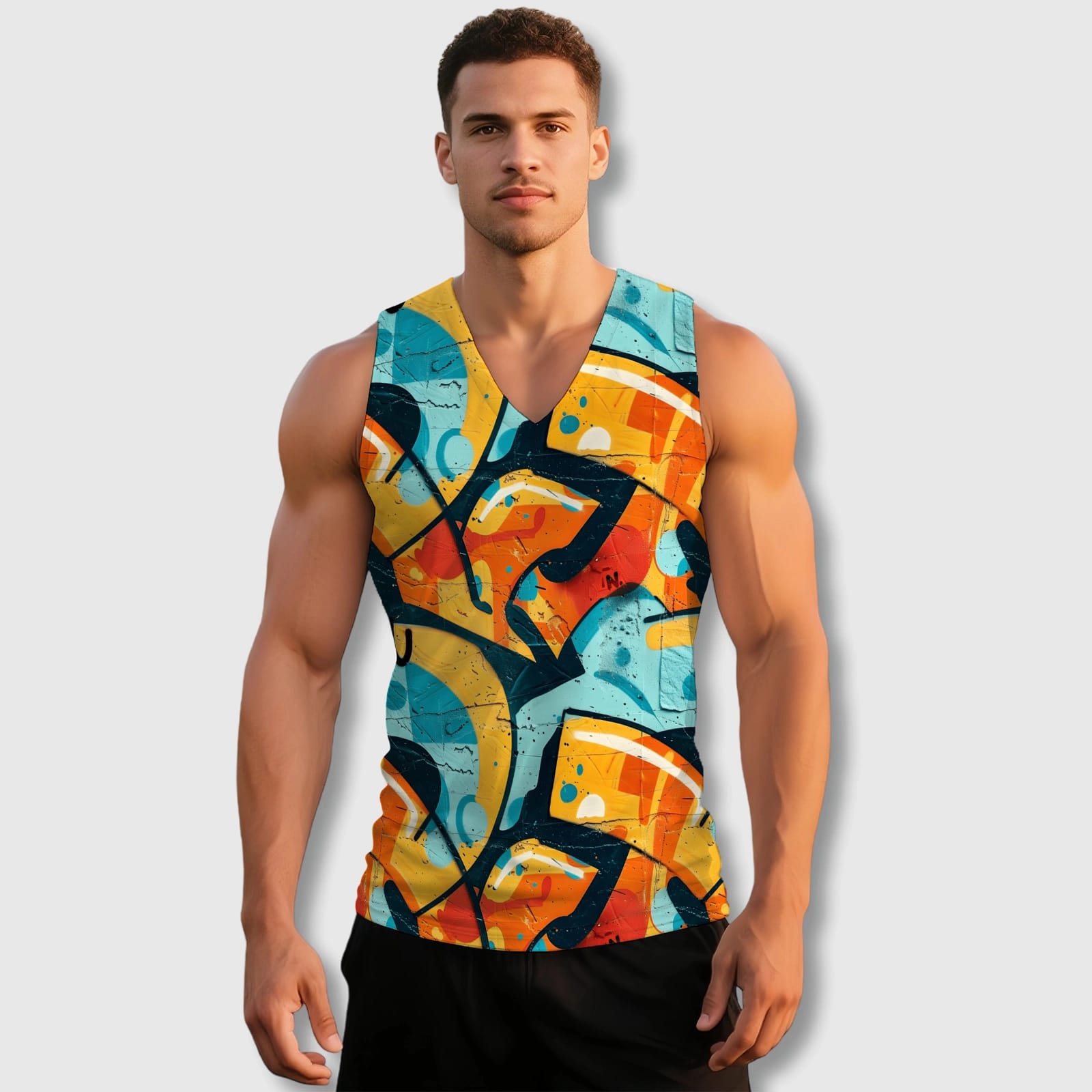 Custom Graffiti Print V-Neck Tank Top for Gym Summer Use