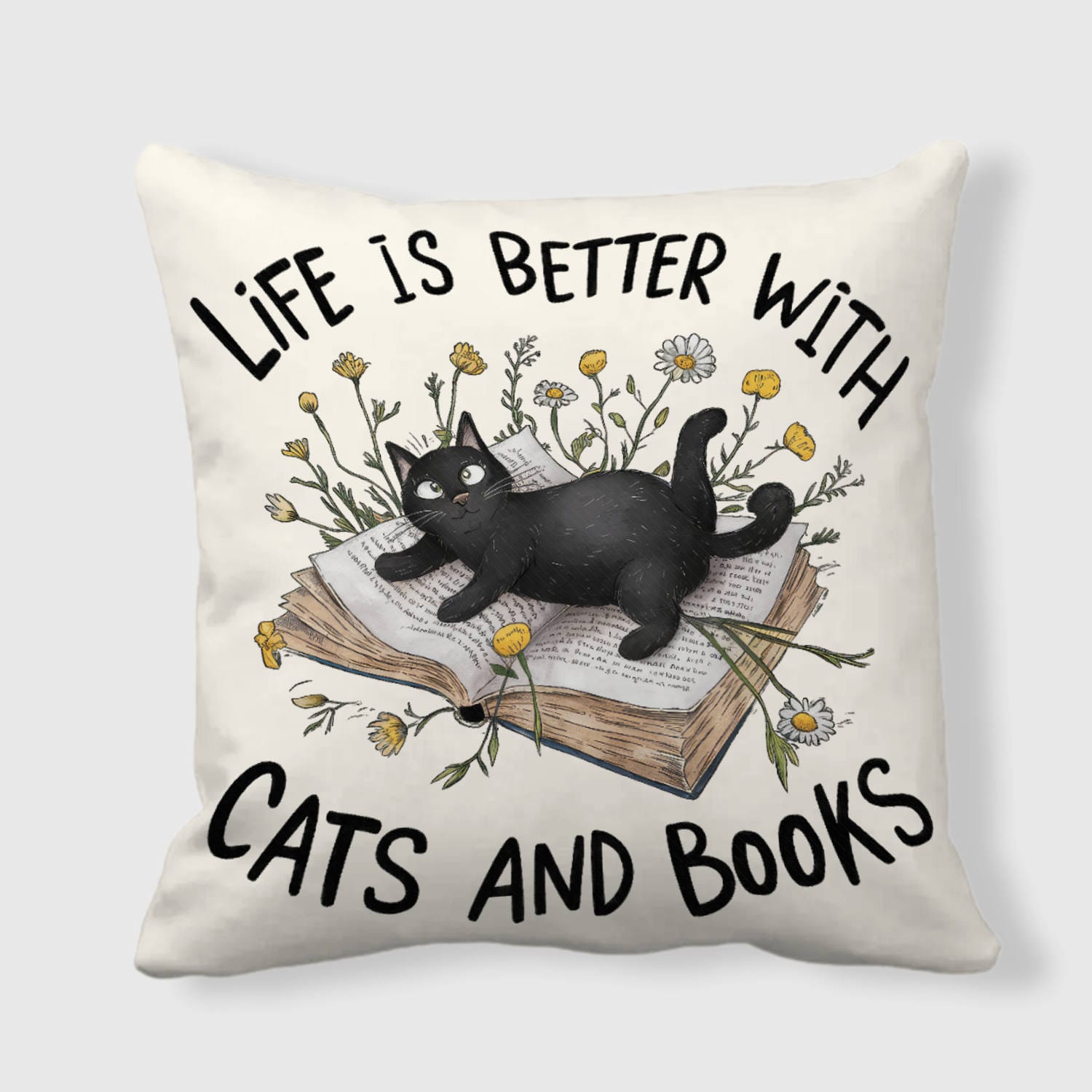 Black Cat Book Quote Throw Pillow for Cat Lovers Gift