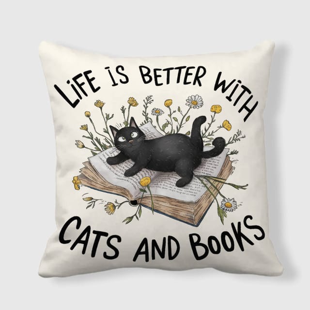 Black Cat Book Quote Throw Pillow for Cat Lovers Gift