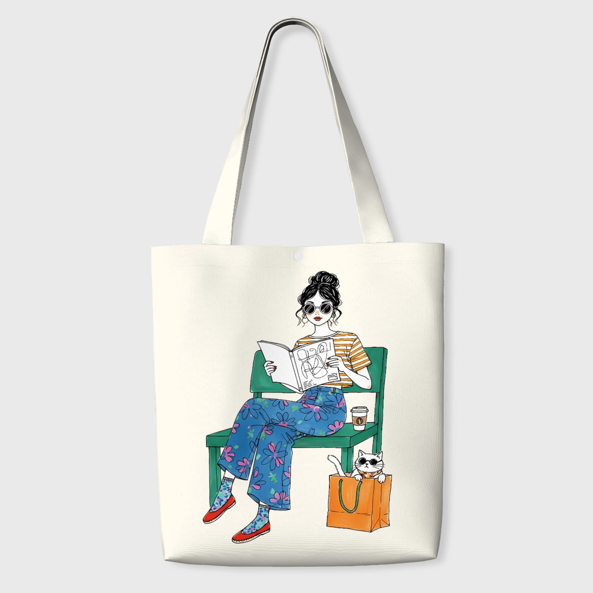 Retro Cat & Reading Girl Tote Bag for Daily Use