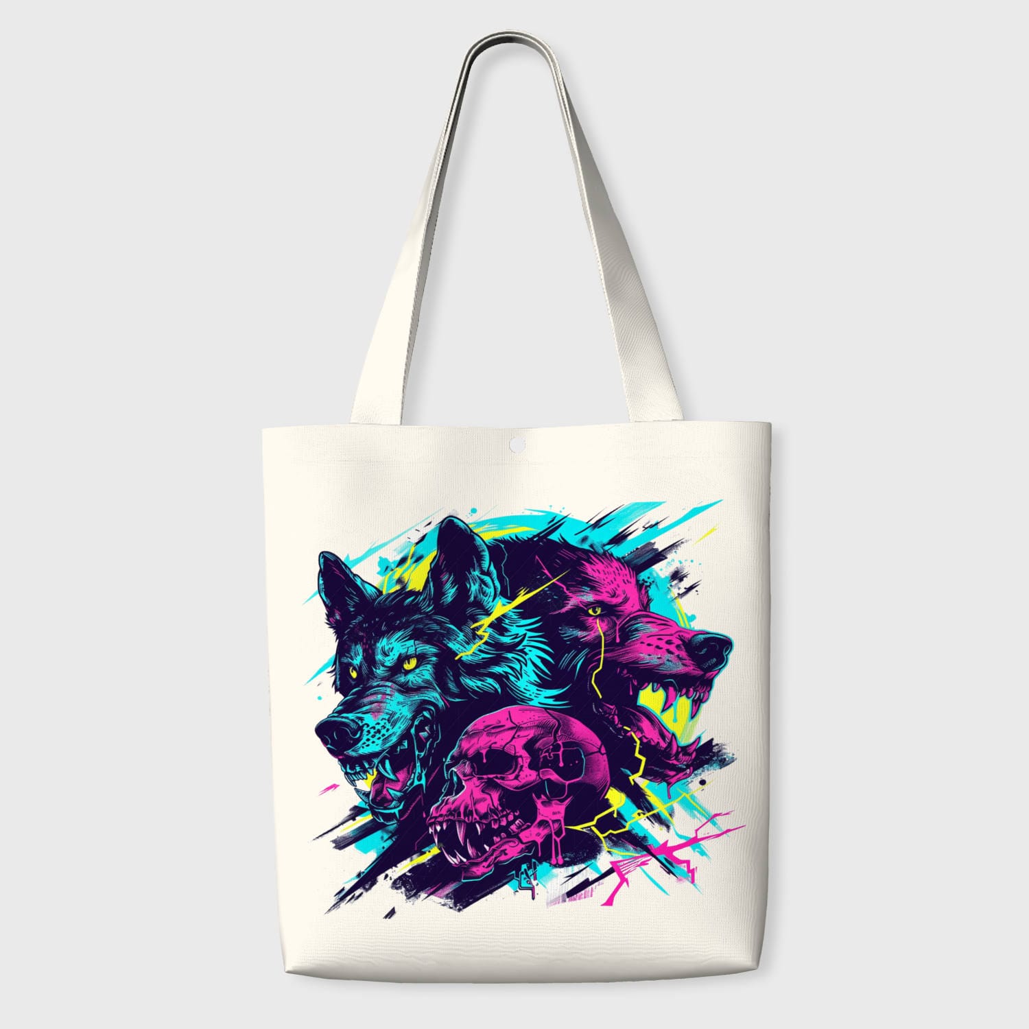 Cyberpunk Wolf Skull Tote Bag for Wolf Lovers Daily Use