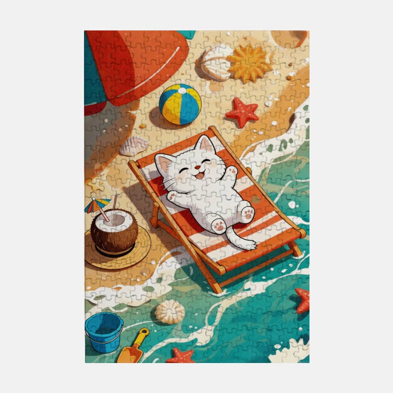 Cute Beach Cat 300 Piece Puzzle for Cat Lovers Summer Gift