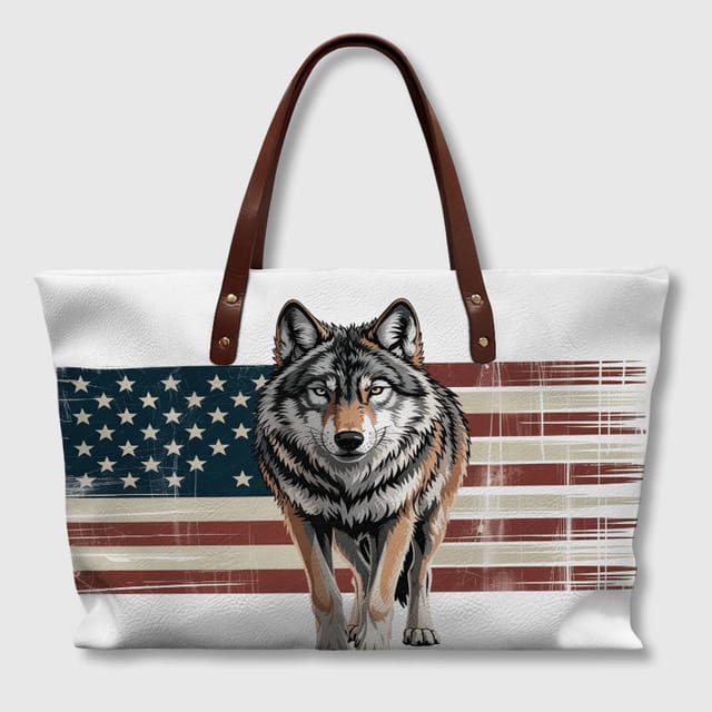 US Flag Wolf PU Leather Tote Bag for Wolf Lovers Daily Use