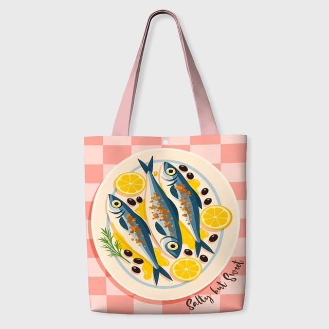 Cute Fish Lemon Gingham Tote Bag for Foodie Daily Use