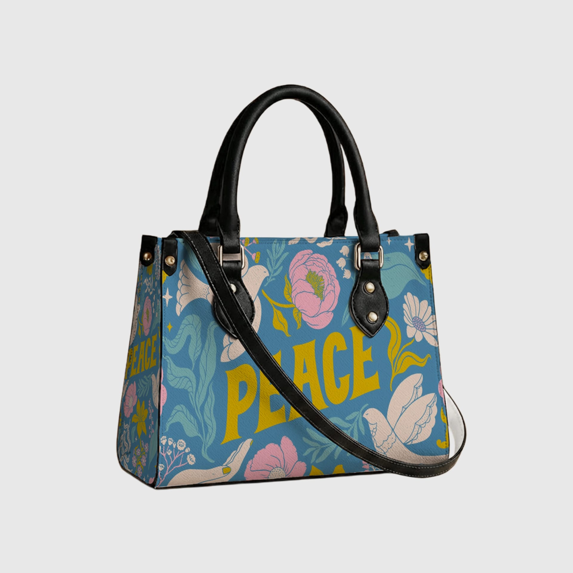 Peace Floral Dove Leather Tote Bag for Women Daily Use