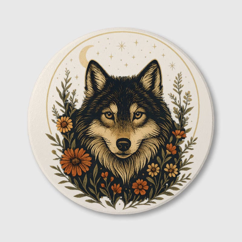 Boho Floral Wolf Ceramic Coaster for Wolf Lovers Home Use