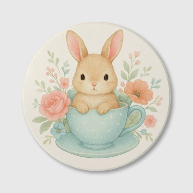 Floral Teacup Bunny Coaster for Bunny Lovers Easter Gift