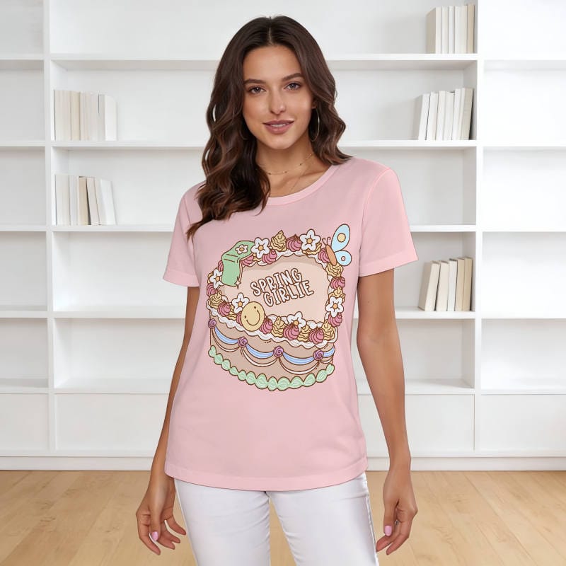 Cute Spring Girlie Cake Print Women's T-Shirt for Daily Wear