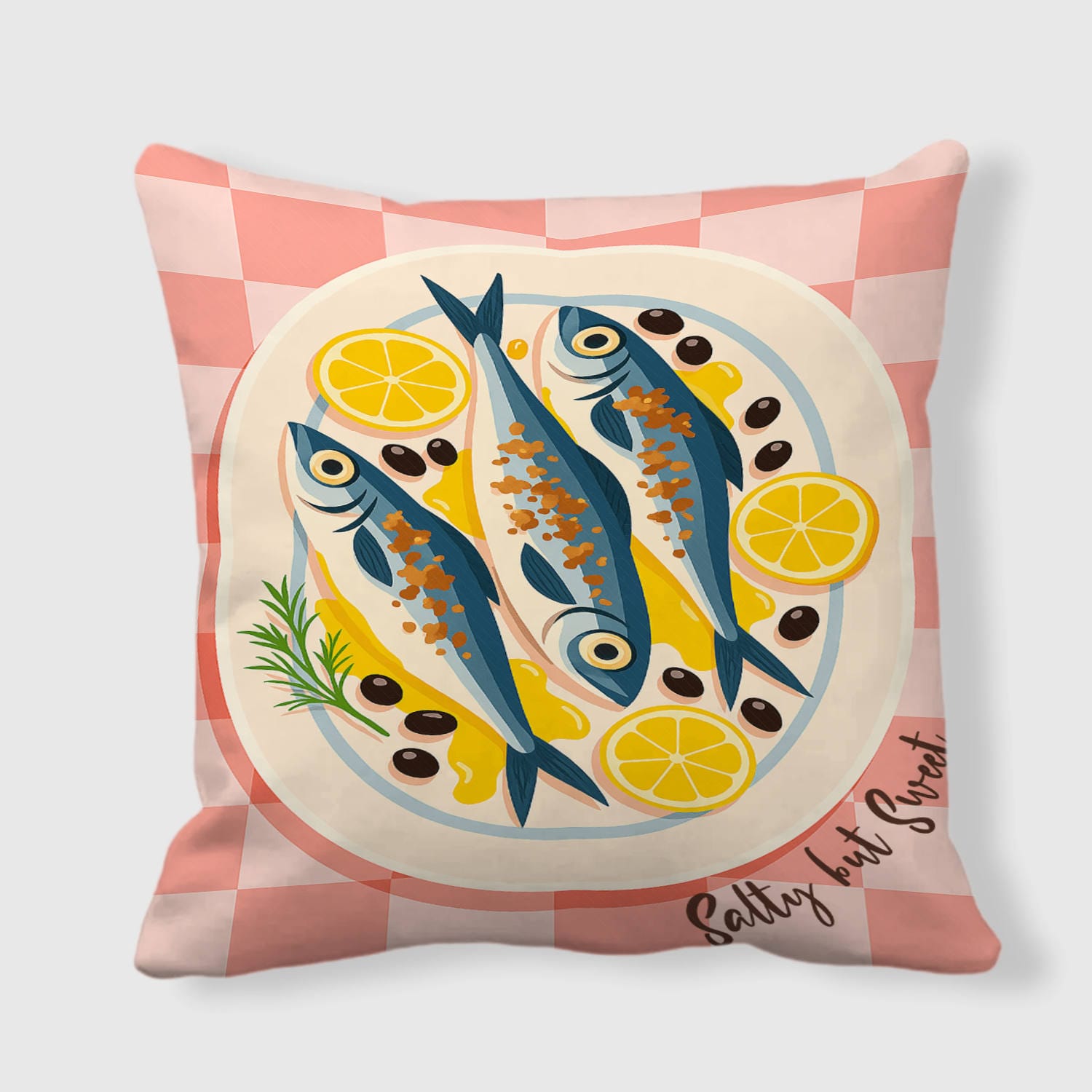 Pink Gingham Sardine Print Throw Pillow for Foodie Home Gift