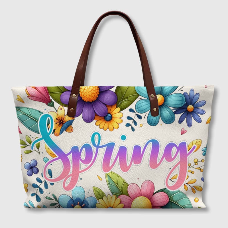 Spring Floral PU Leather Tote Bag for Women Daily Gift