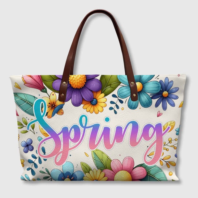 Spring Floral PU Leather Tote Bag for Women Daily Gift