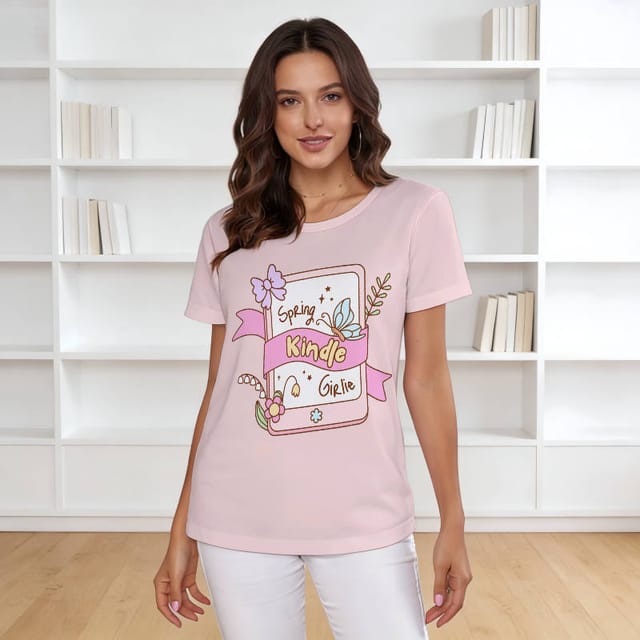 Cute Spring Kindle Print T-Shirt for Book Lovers Daily Wear
