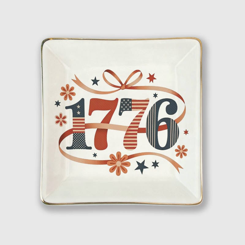 1776 Patriotic Square Ceramic Jewelry Tray for US Holiday Gifts