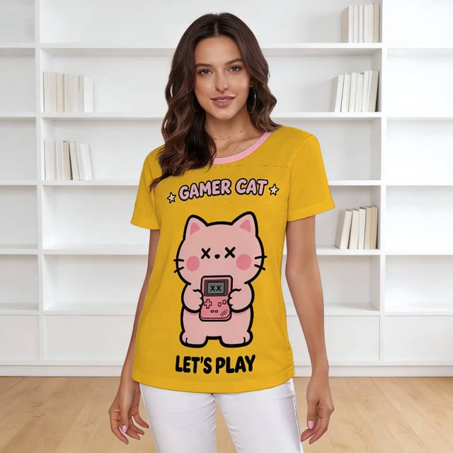 Cute Gamer Cat Short Sleeve Tee for Pet Lovers Birthday Gift