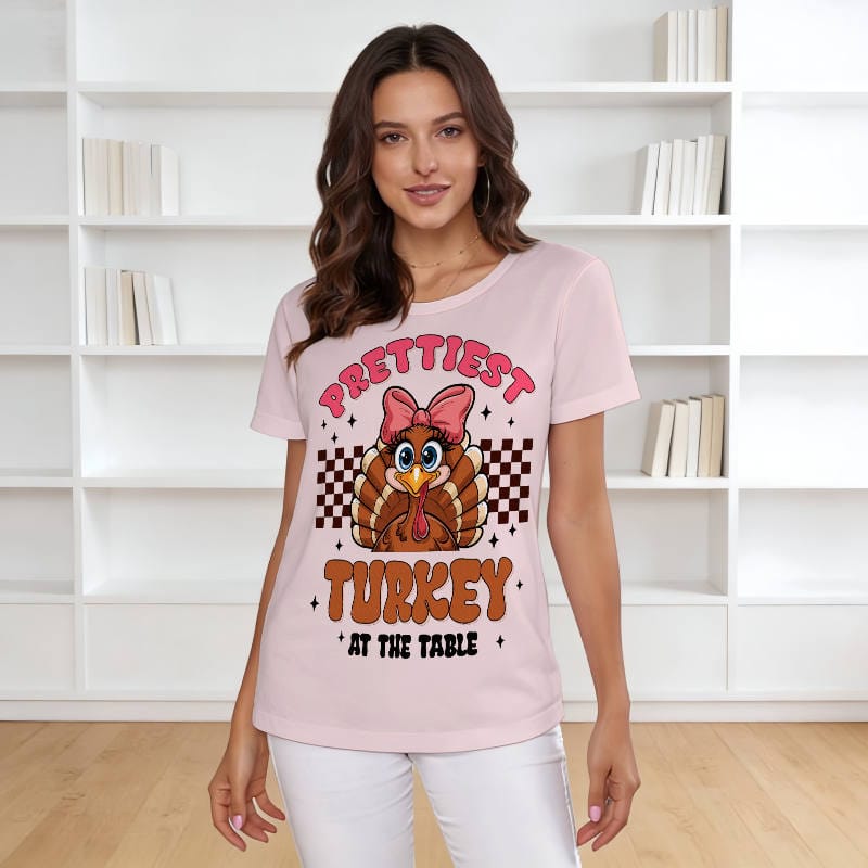 Cute Turkey Print Women's T-Shirt for Thanksgiving Outfit