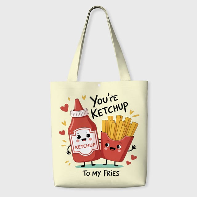 Funny Ketchup Fries Tote Bag for Couples Valentine Gift