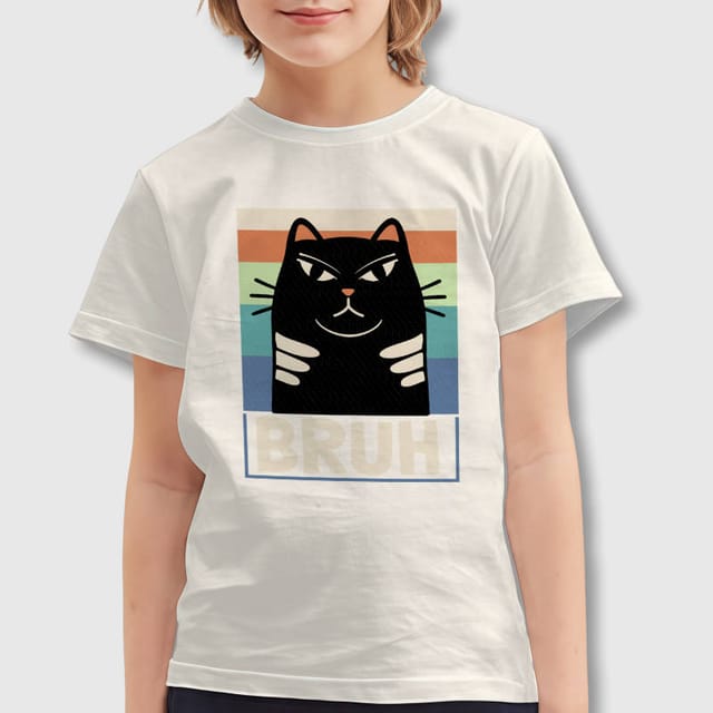 Funny Bruh Black Cat Kids T-Shirt for Boys Girls Casual Wear