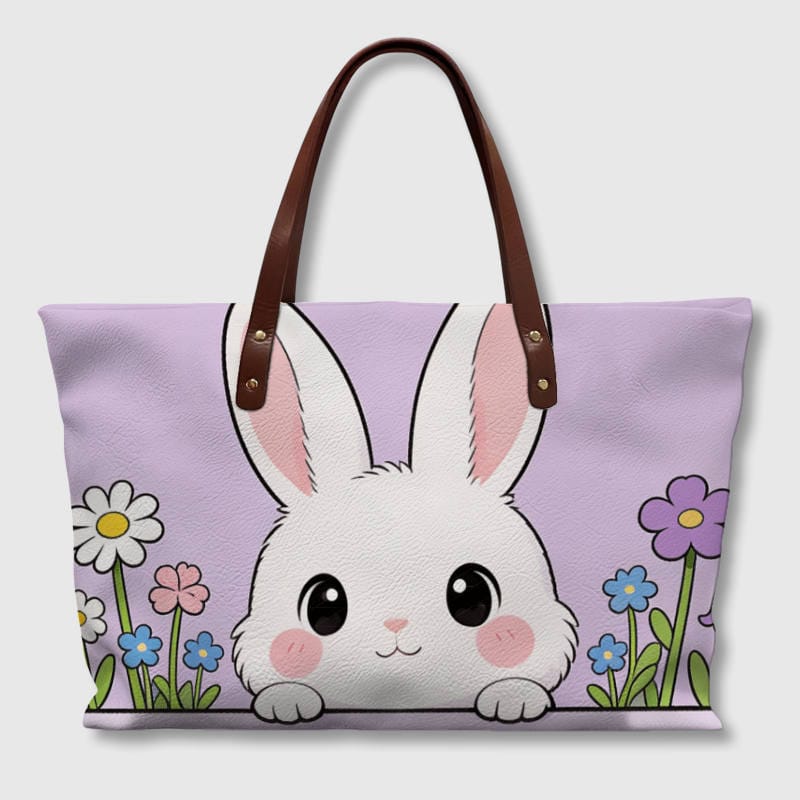 Cute Bunny Floral PU Leather Tote Bag for Pet Lovers Easter Gift - 1
