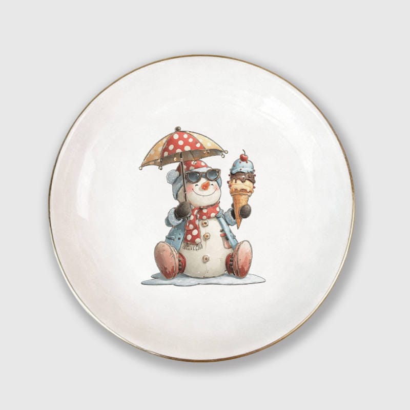 Vintage Snowman Gold Rim Ceramic Trinket Tray for Christmas Gifts