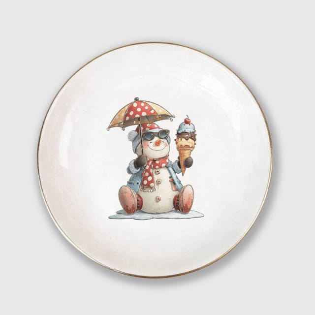 Vintage Snowman Gold Rim Ceramic Trinket Tray for Christmas Gifts