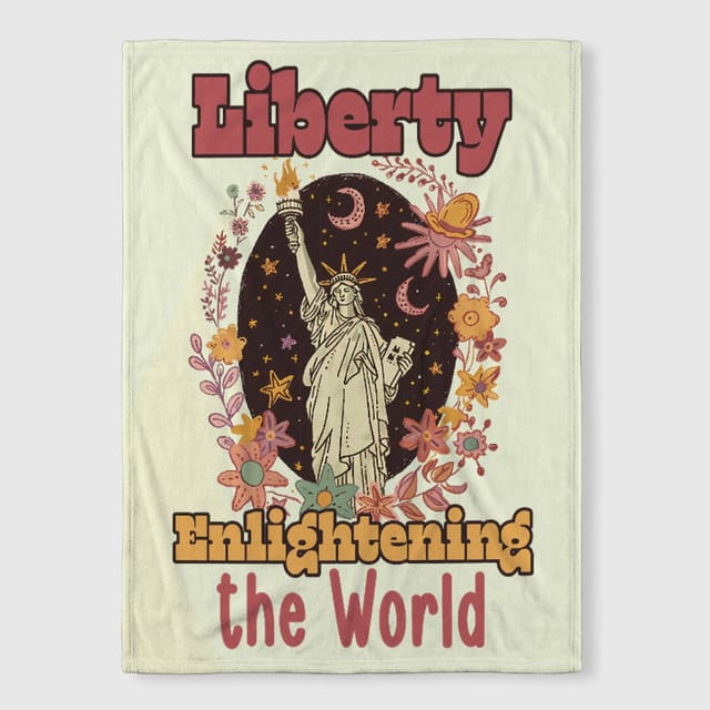 Retro Floral Statue of Liberty Fleece Blanket for Patriotic Gifts