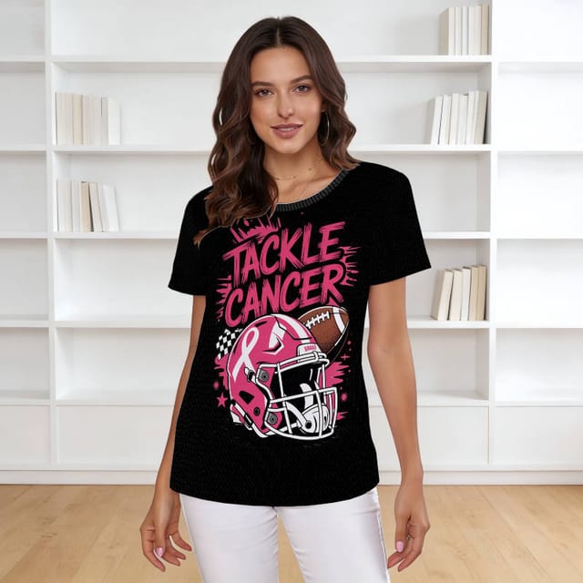 Tackle Cancer Football Graphic Tee for Women Awareness